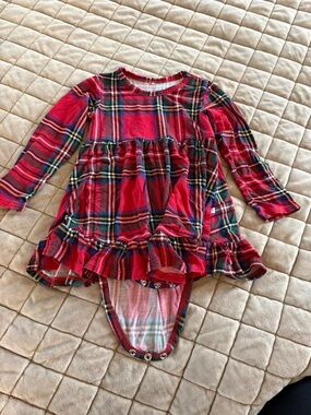 Posh Peanut Red Green Plaid Infant Dress One Piece with Ruffles